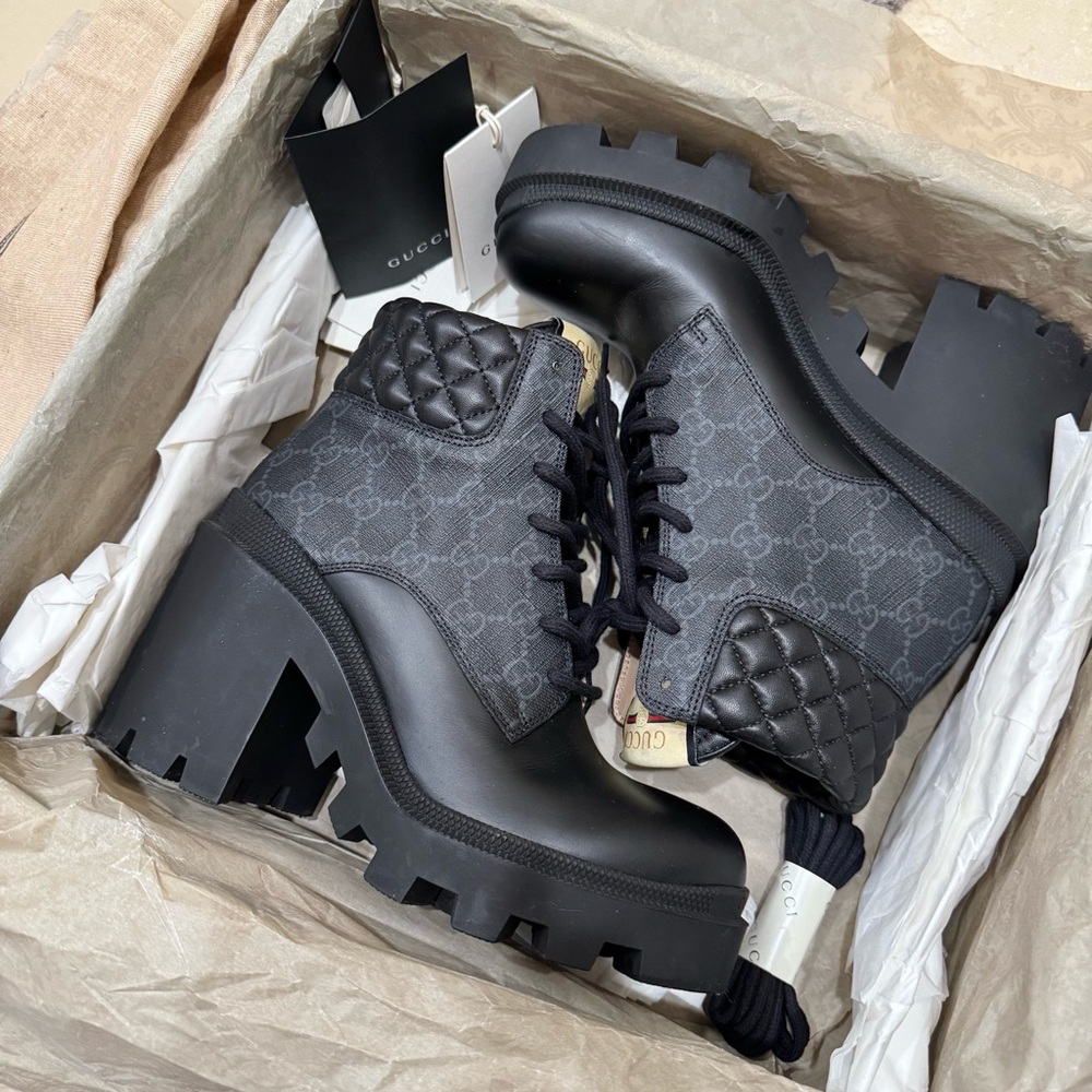 Gucci Black Lace Up Boots with Chunky Heel